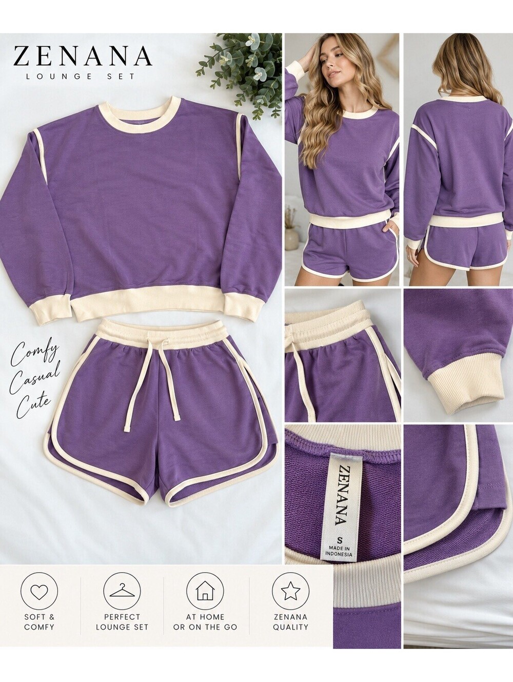 Zenana Women’s Small Purple Lounge Set Sweatshirt Shorts Cream Trim 2 Piece New
